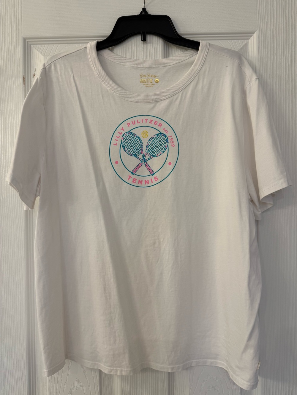 Lilly Pulitzer White Tee with Teal and Pink Tennis Graphic